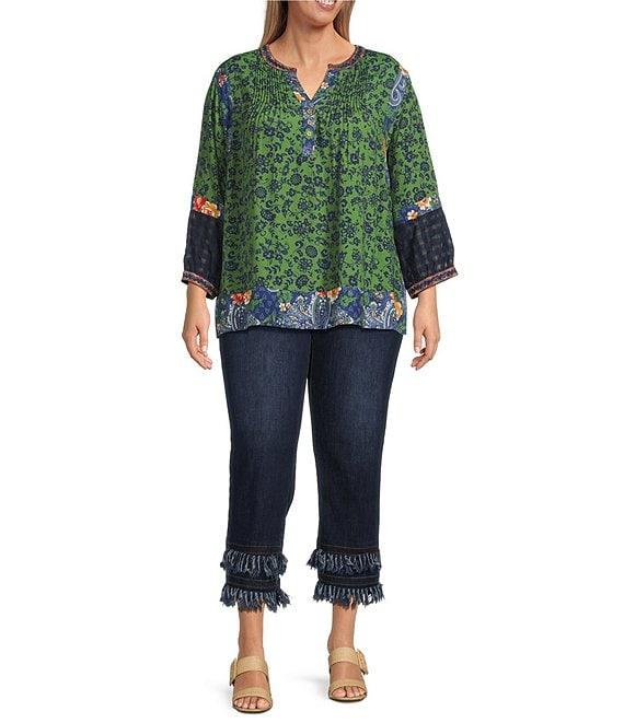 John Mark Plus Size Embroidered Printed Y-Neck 3/4 Sleeve Pintuck Peasant Tunic Product Image