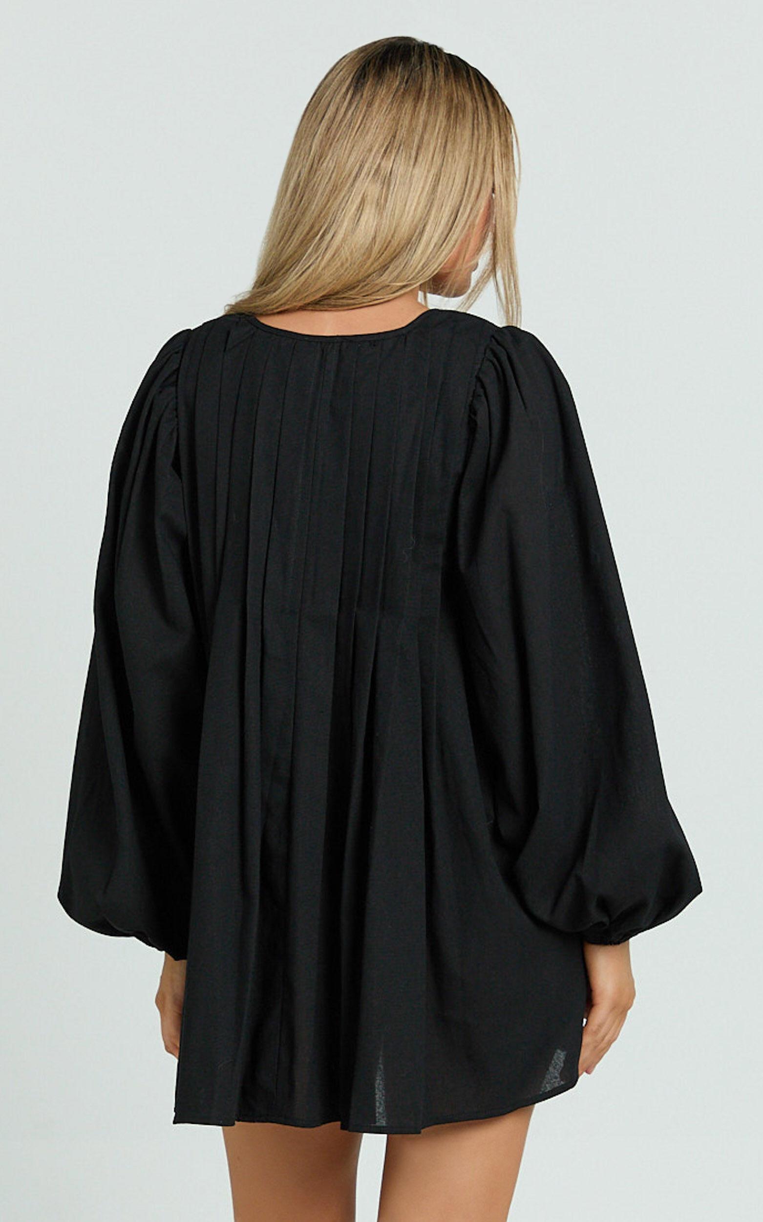 Suzette Mini Dress - High Neck Tie Front Long Sleeve Pleat Front Babydoll Dress in Black Product Image