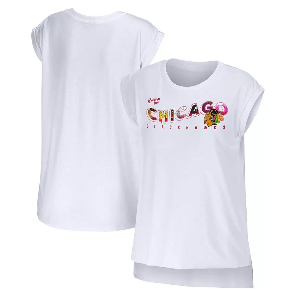 Women's WEAR by Erin Andrews White Chicago Blackhawks Greetings From Muscle T-Shirt,  Product Image