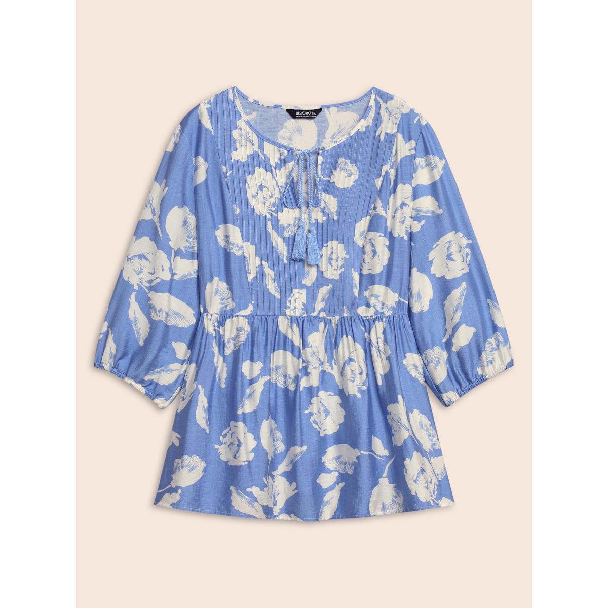 Plus Size LightBlue Floral Pleated Tassel Trim Lantern Sleeve Blouse Women Elegant Elbow-length sleeve V-neck Everyday Blouses BloomChic 18-20/2X Product Image