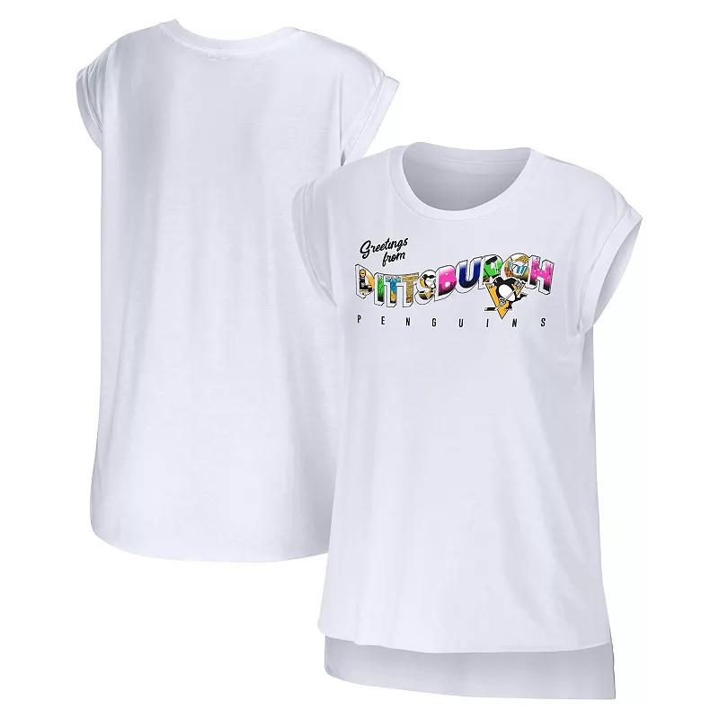 Women's WEAR by Erin Andrews White Pittsburgh Penguins Greetings From Muscle T-Shirt,  Product Image