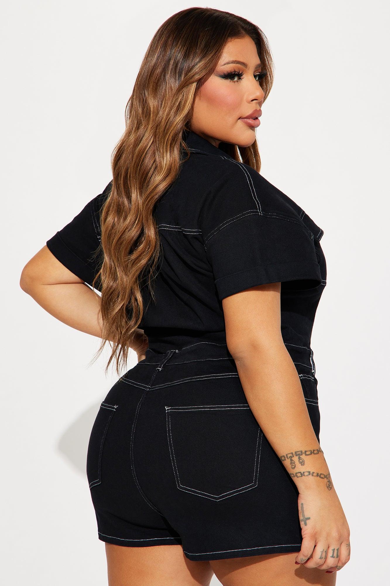 Talk To Me Denim Romper - Black/White Product Image