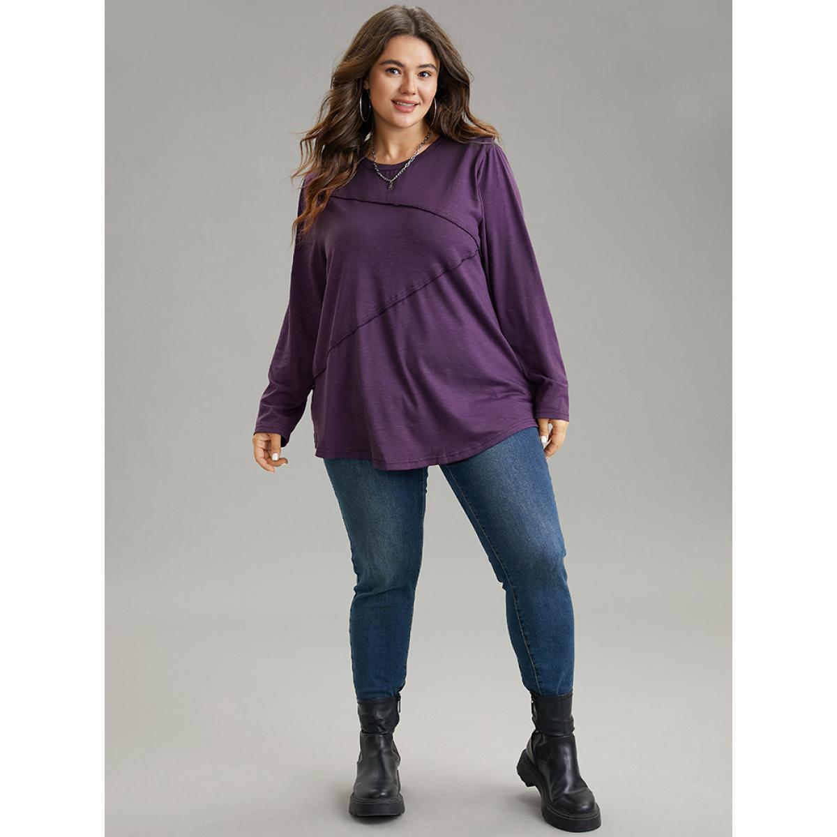 Plus Size Solid Pleated Round Neck T-shirt Purple Women Casual Plain Plain Round Neck Dailywear T-shirts BloomChic 10/M Product Image