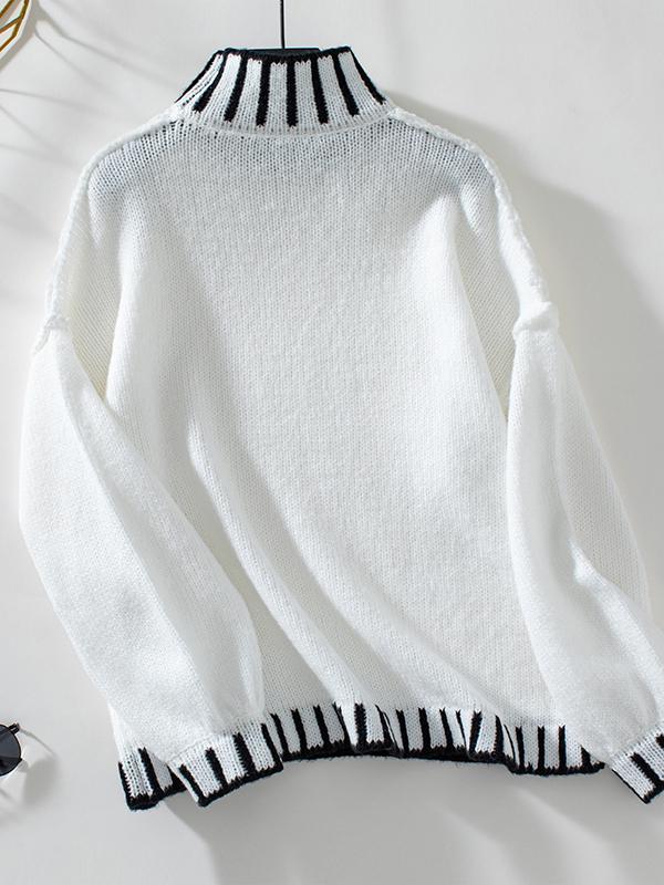 Long Sleeves Loose Contrast Color Split-Joint High Neck Pullovers Sweater Tops Product Image