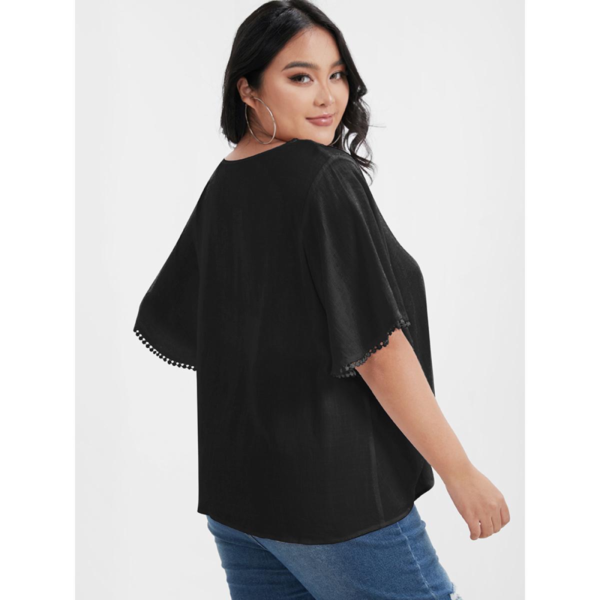 Plus Size Black Solid Ties Eyelet Lace Ruffled V Neck Blouse Women Elegant Short sleeve V-neck Dailywear Blouses BloomChic 30/6X Product Image