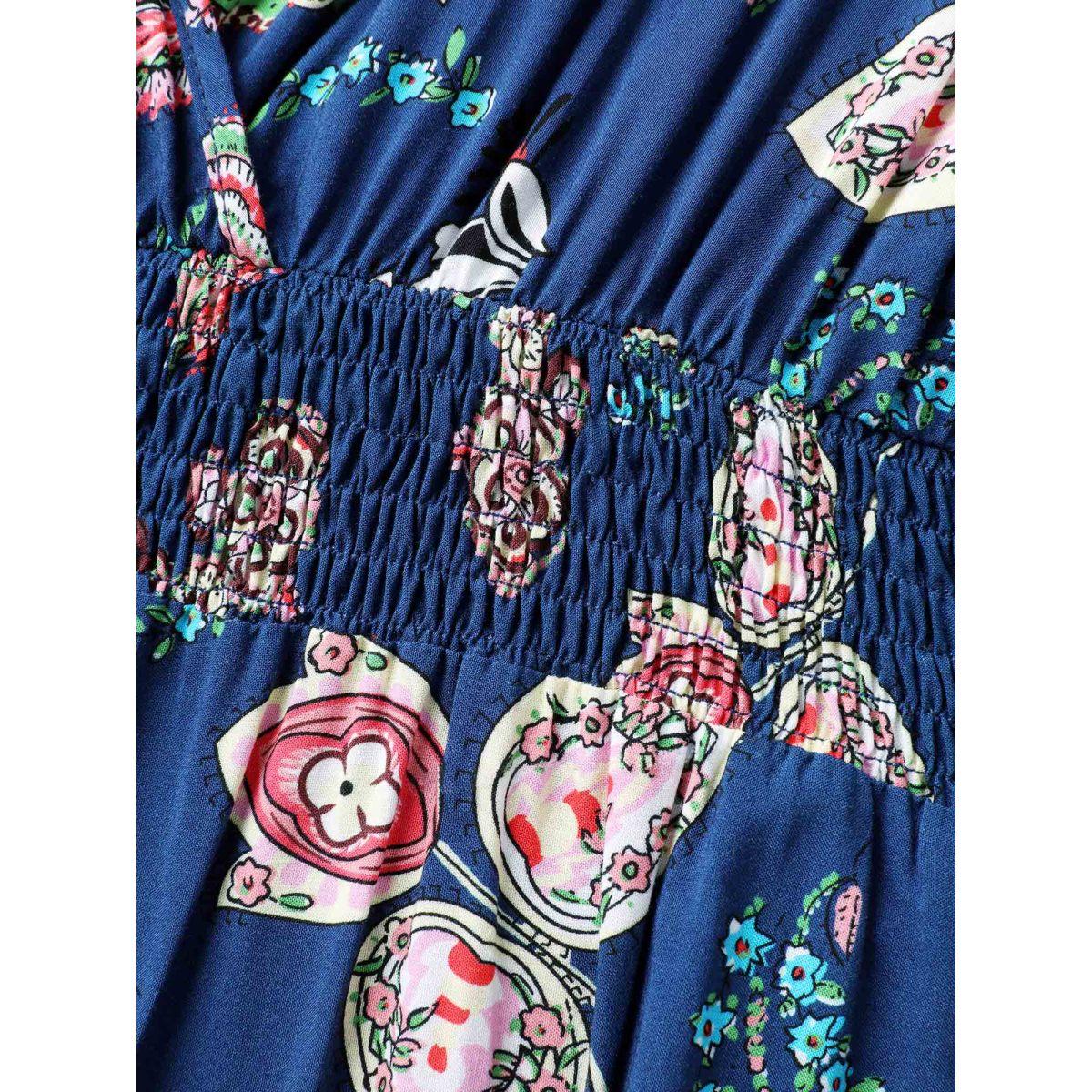 Plus Size DarkBlue Rayon Tropical Vibes Pockets Jumpsuit Women Short sleeve V-neck Vacation Loose Jumpsuits BloomChic 12/L Product Image