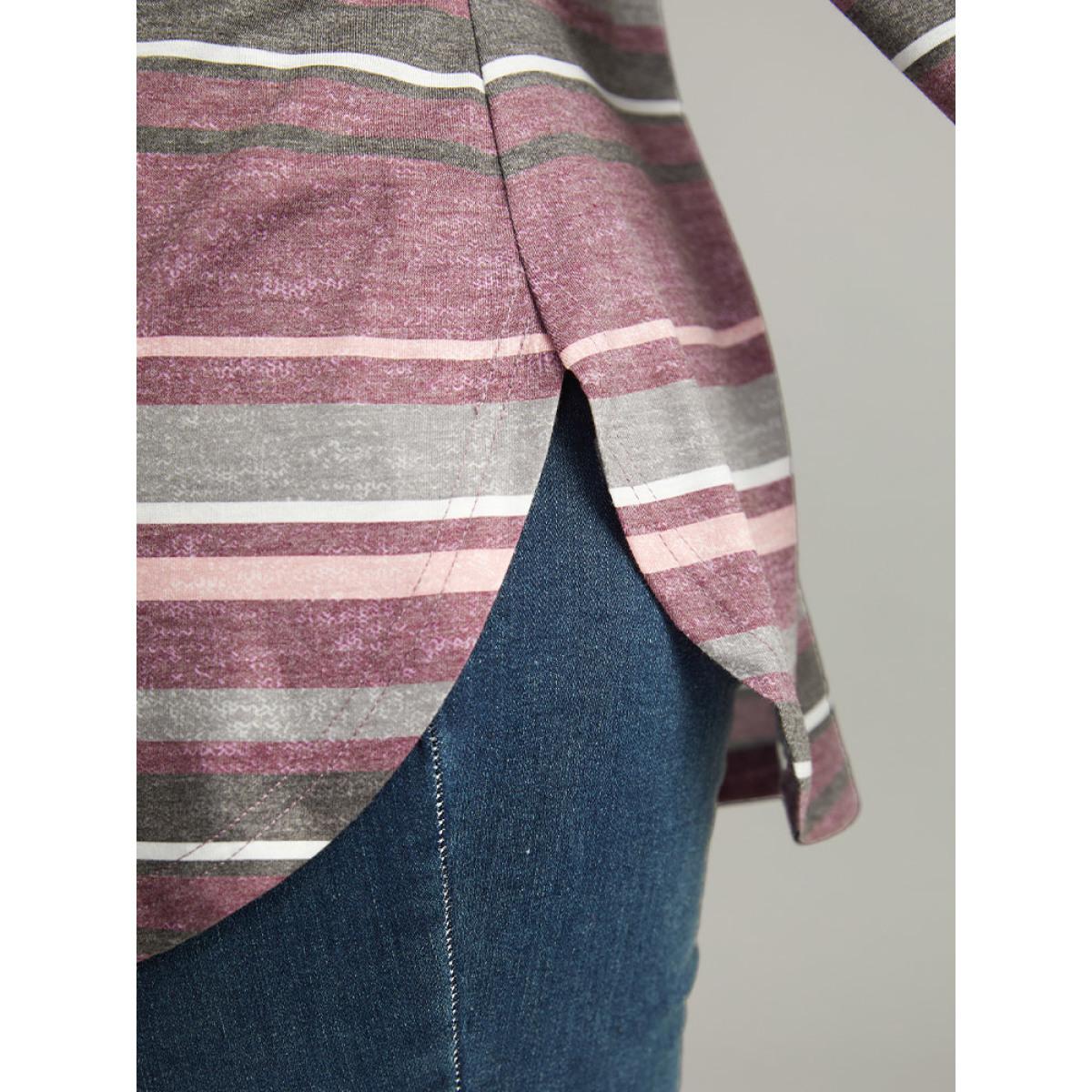 Plus Size Striped Contrast Heather Arc Hem T-shirt Multicolor Women Casual Heather Striped V-neck Everyday T-shirts BloomChic 14-16/1X Product Image