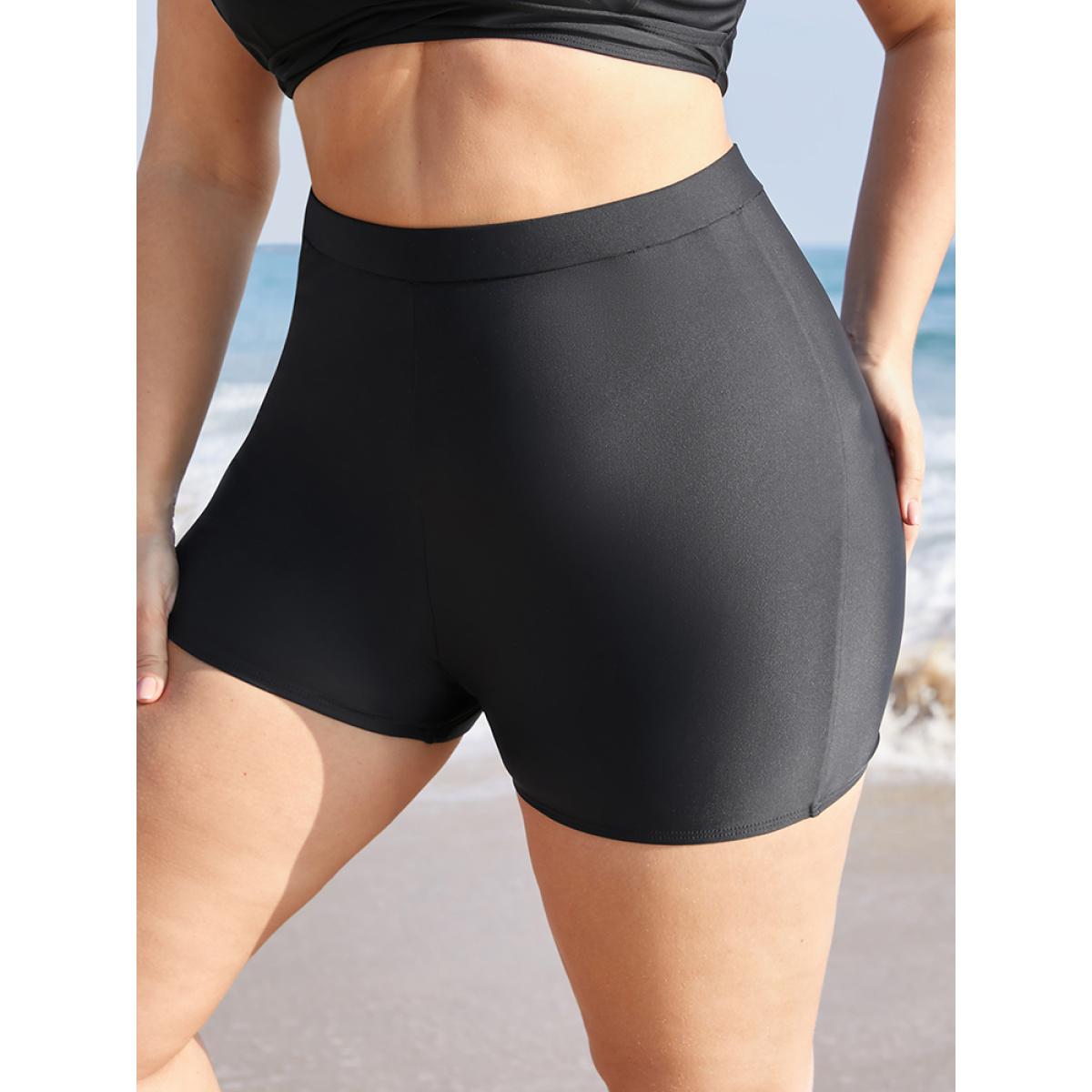 Plus Size Plain Elastic Waist Swim Shorts Women's Swimwear Black Beach Non High stretch Skinny High Rise Curve Swim Bottoms BloomChic 22-24/3X Product Image