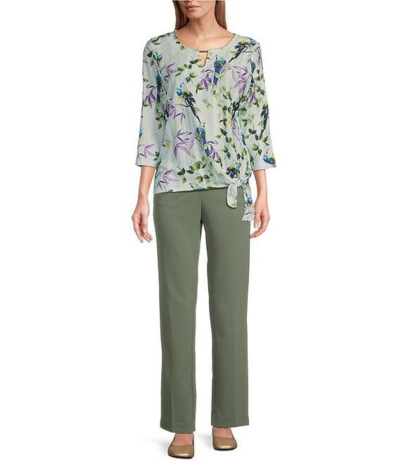Allison Daley Petite Size Botanical Song Print 3/4 Sleeve Keyhole Neck Tie Hem Eyelet Jacquard Knit Top Product Image