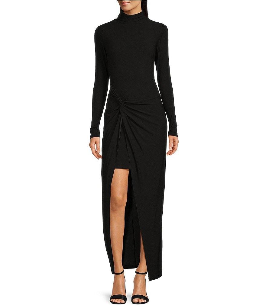 Belle by Badgley Mischka Hailey Jersey Knit Mock Neck Long Sleeve A-Line Front Slit Dress Product Image