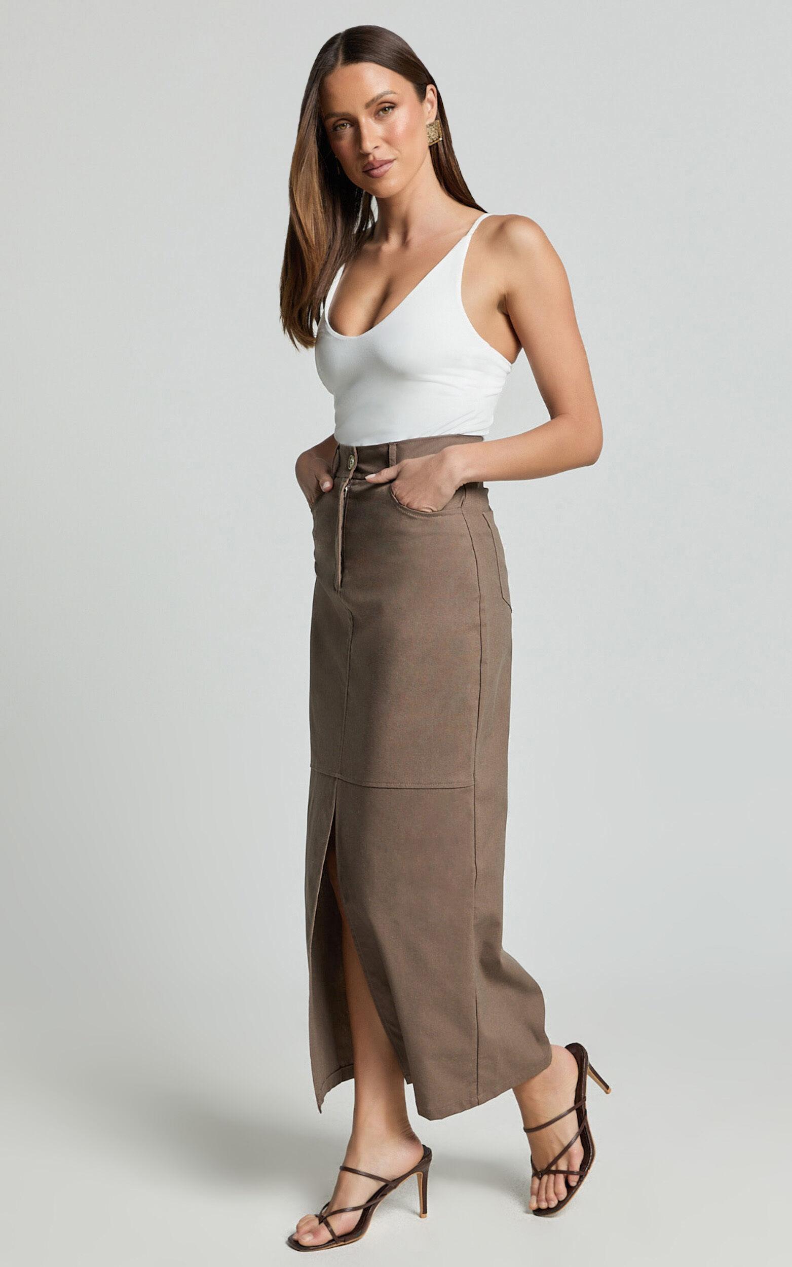Vanna Midi Skirt - High Waisted Front Slit Skirt in Mocha Product Image