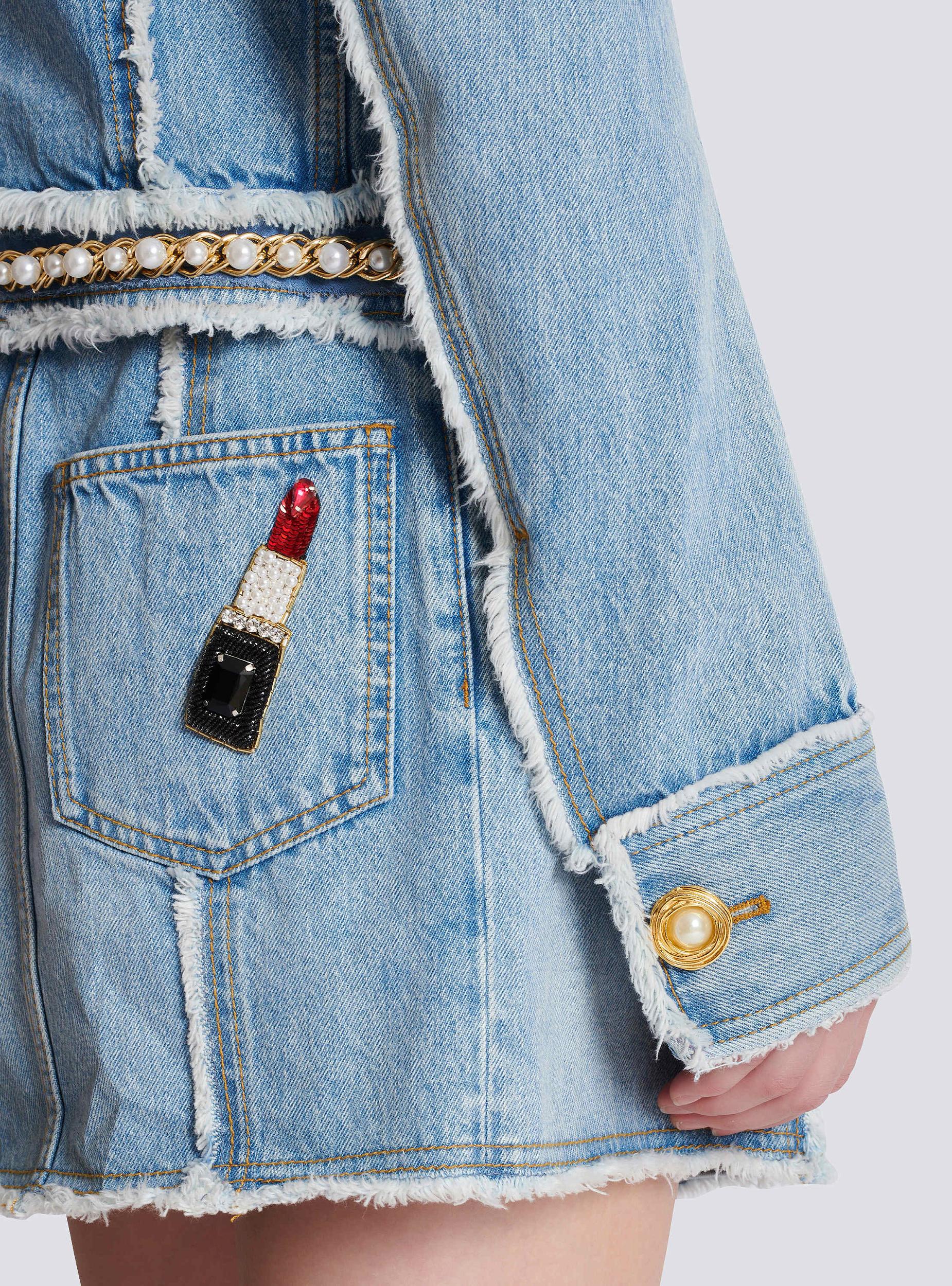 Denim jacket with pearl trim Product Image