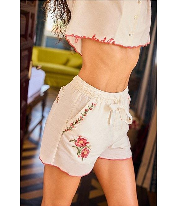 Agua Bendita Itsy Floral Embroidered Notch Collar Short Sleeve Crop Shirt Product Image