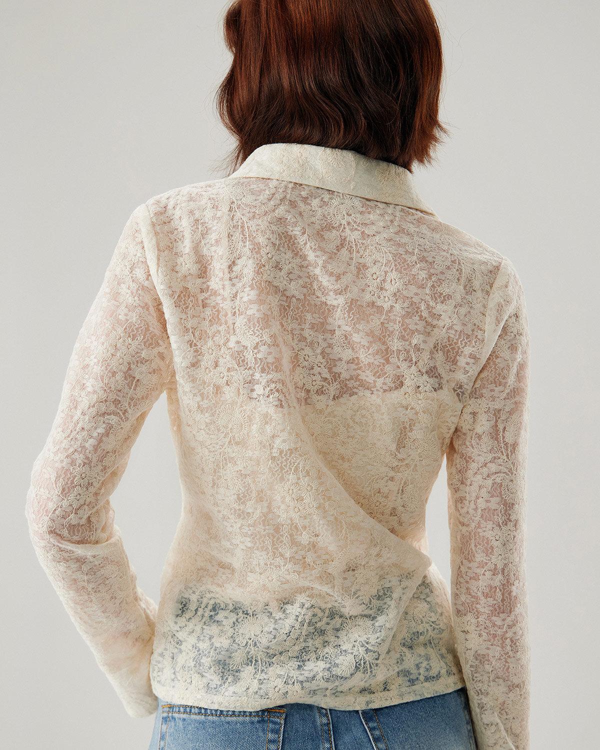White Jacquard Bell Sleeve Button Blouse Product Image