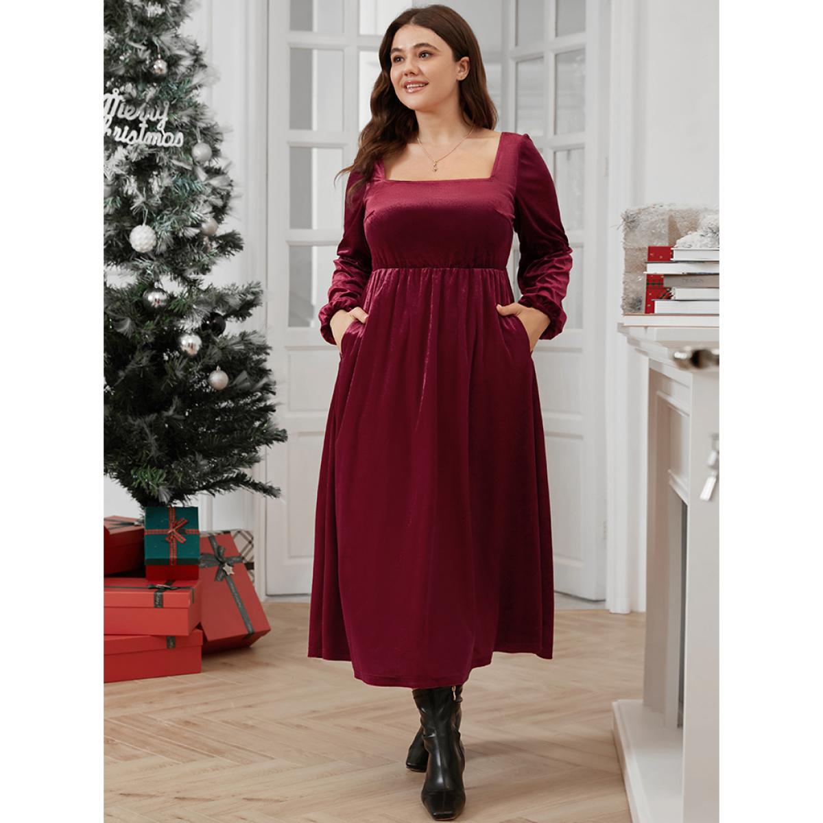 Plus Size Solid Square Neck Pocket Lantern Sleeve Velvet Dress Without Belt Scarlet Women Glamour Elastic Waist Square Neck Long Sleeve Curvy Midi Dress BloomChic 22-24/3X Product Image