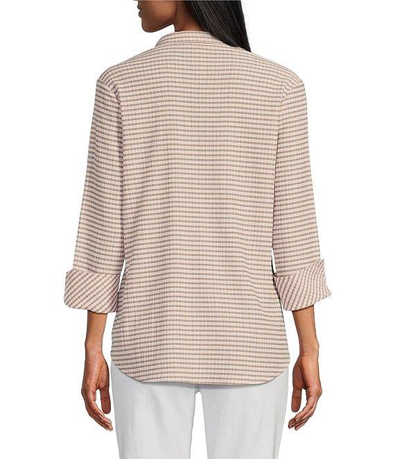 Multiples Crinkle Woven Printed Wire Neck 3/4 Turn-Up Sleeve Button-Front Shirt Product Image