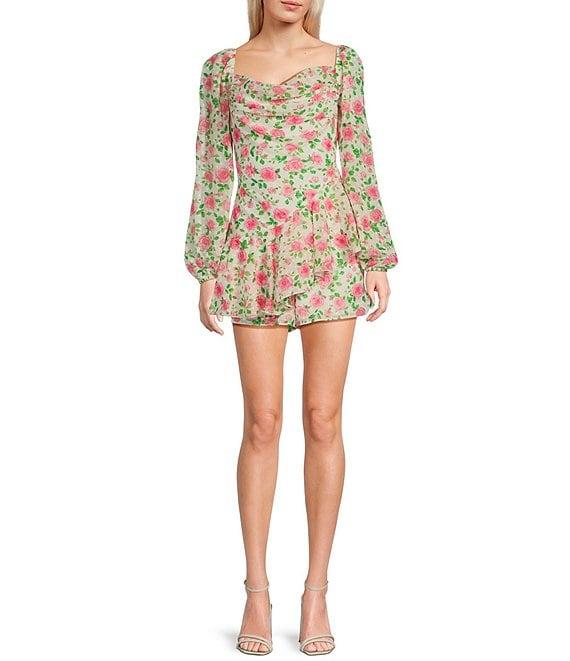 Honey and Rosie Floral Chiffon Cowl Neck Long Sleeve Ruffle Front Romper Product Image