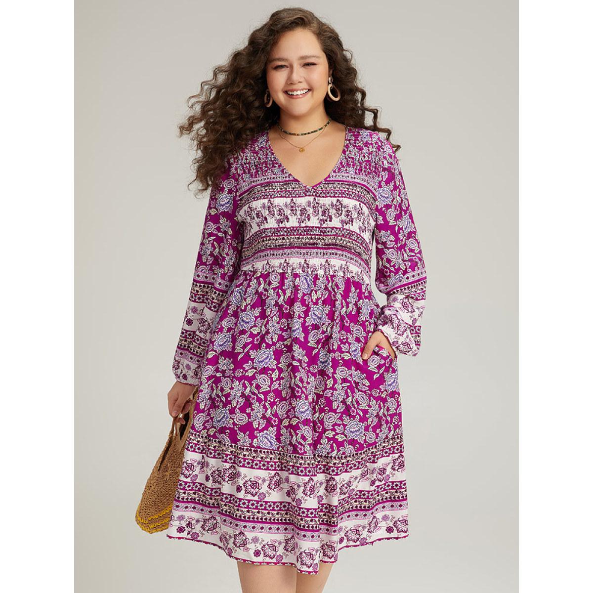 Plus Size Bandana Print Pocket V Neck Shirred Dress Purple Women Vacation Elastic cuffs V-neck Long Sleeve Curvy Midi Dress BloomChic 14-16/1X Product Image