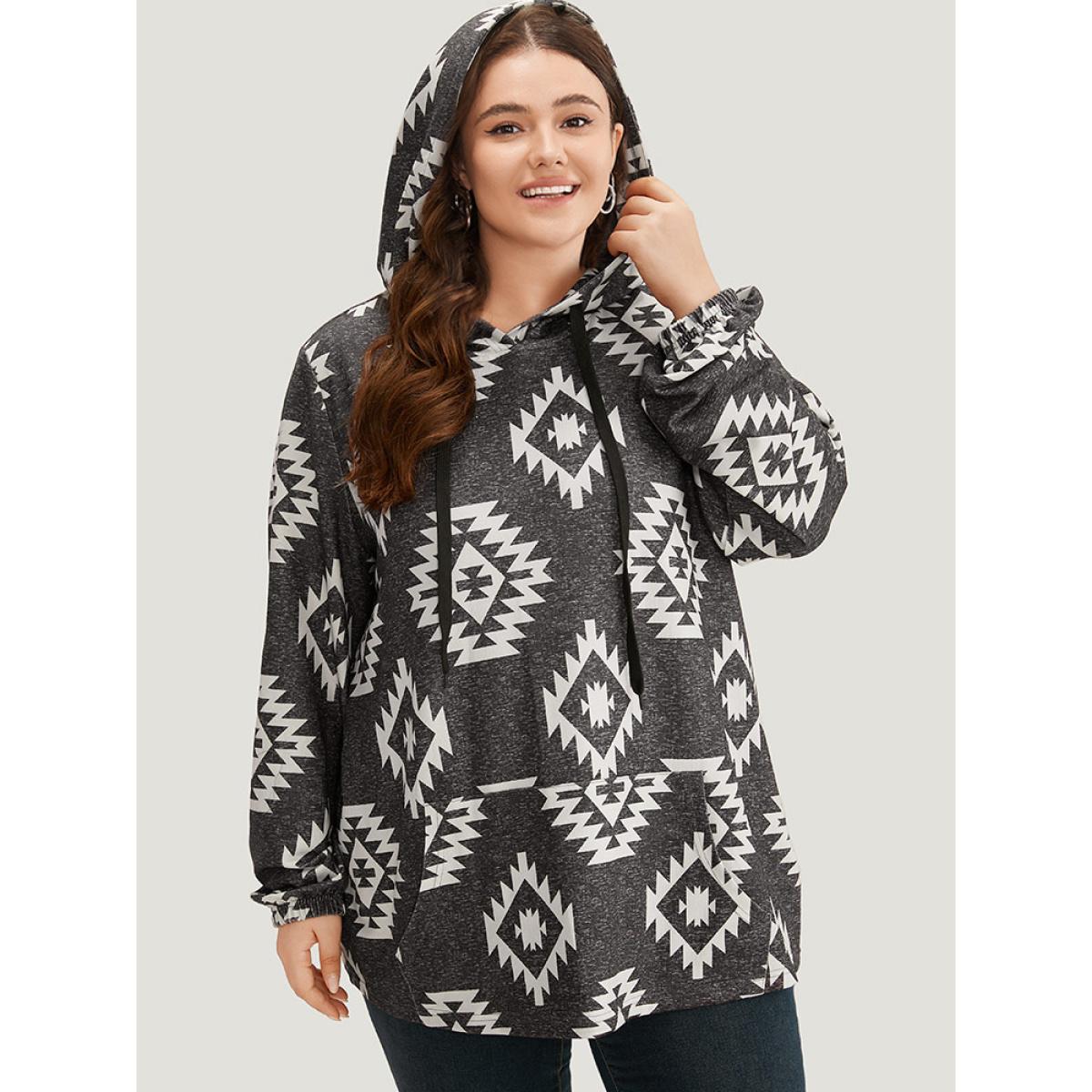 Plus Size Moroccan Print Hooded Pocket Sweatshirt Women Gray Casual Printed Hooded Dailywear Sweatshirts BloomChic 22-24/3X Product Image