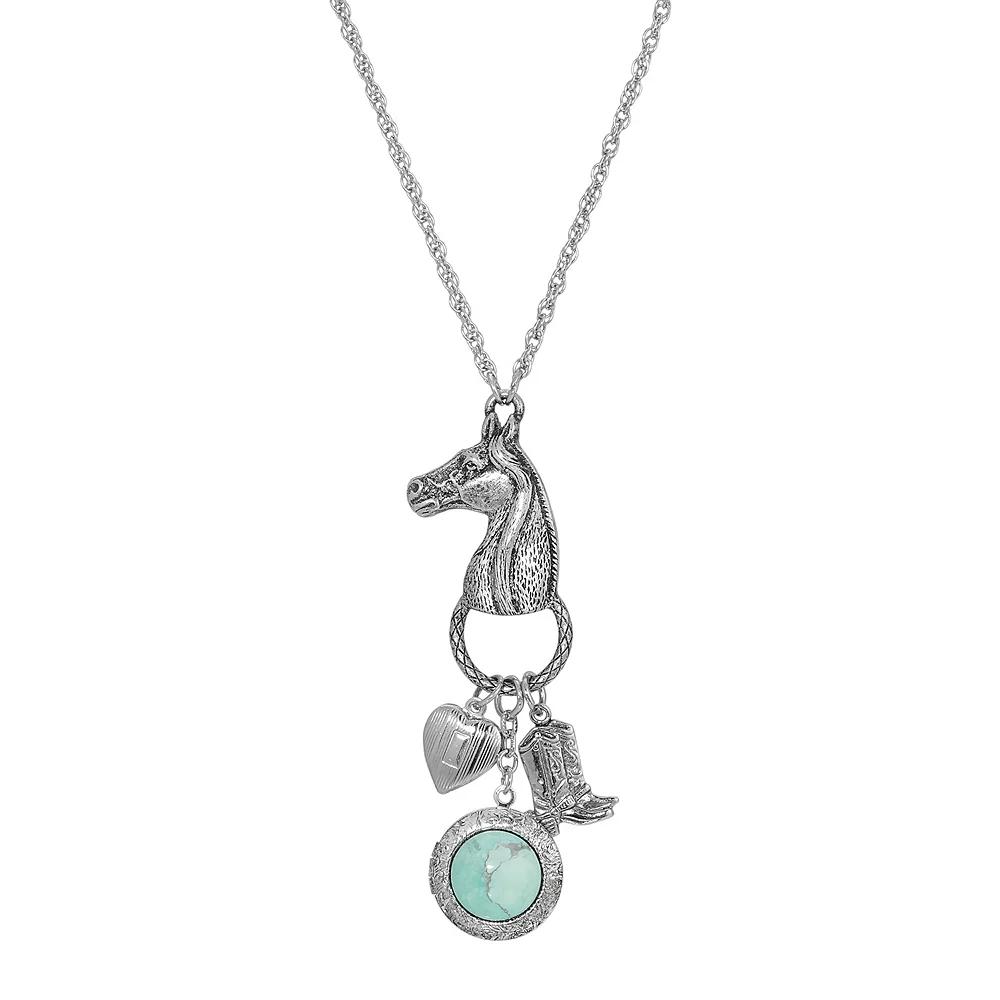1928 Silver Tone Horse, Simulated Turquoise Medallion, Heart, & Boot Charm Necklace, Womens Product Image