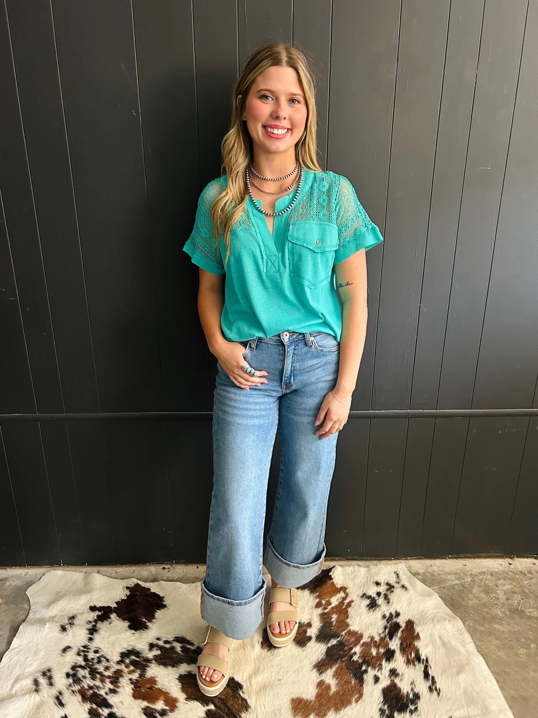 Sea Green Lace Patchwork Top Product Image