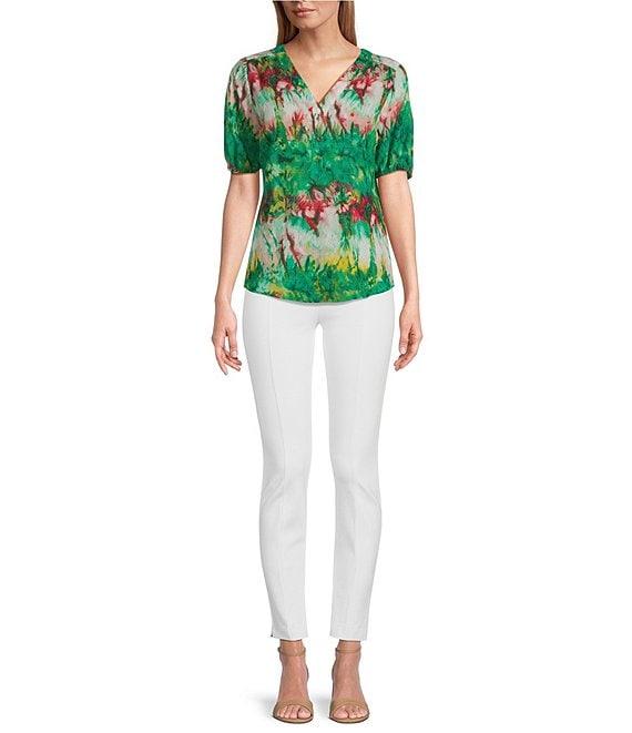 Slim Factor By Investments Julia Simply Green Multi Tie Dye Print V-Neck Short Sleeve Top Product Image