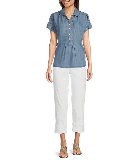 Democracy Petite Size Lyocell Point Collar Ruched Short Sleeve Pleated Shirt Product Image