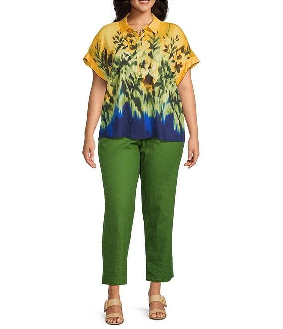 Investments Woven Plus Size Tropical Floral Short Sleeve Point Collar Partial Button Front Top Product Image