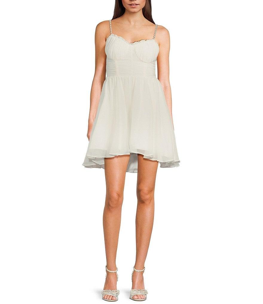 City Vibe Sweetheart Neck Jeweled Spaghetti Strap Bustier Bodice Shirred High-Low Dress Product Image