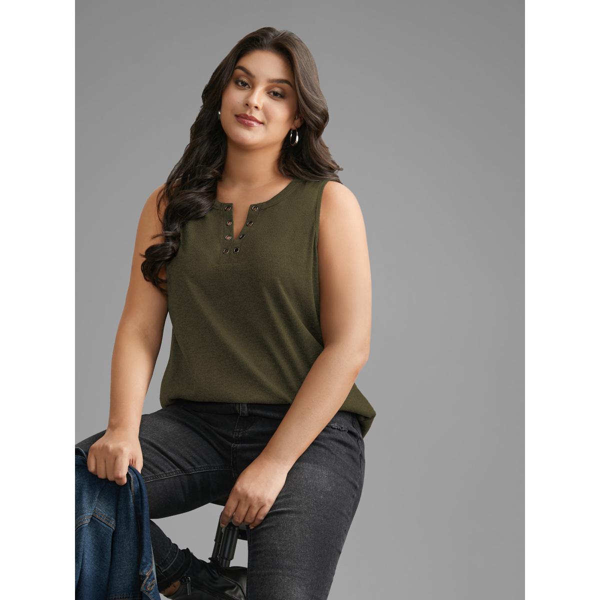 Plus Size Notched Collar Eyelet Tank Top Women ArmyGreen Casual Eyelet Notched collar Everyday Tank Tops Camis BloomChic 18-20/2X Product Image