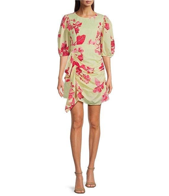 J.Marie Alara Floral Print Scoop Neck 3/4 Puff Sleeve Ruched Faux Wrap Dress Product Image