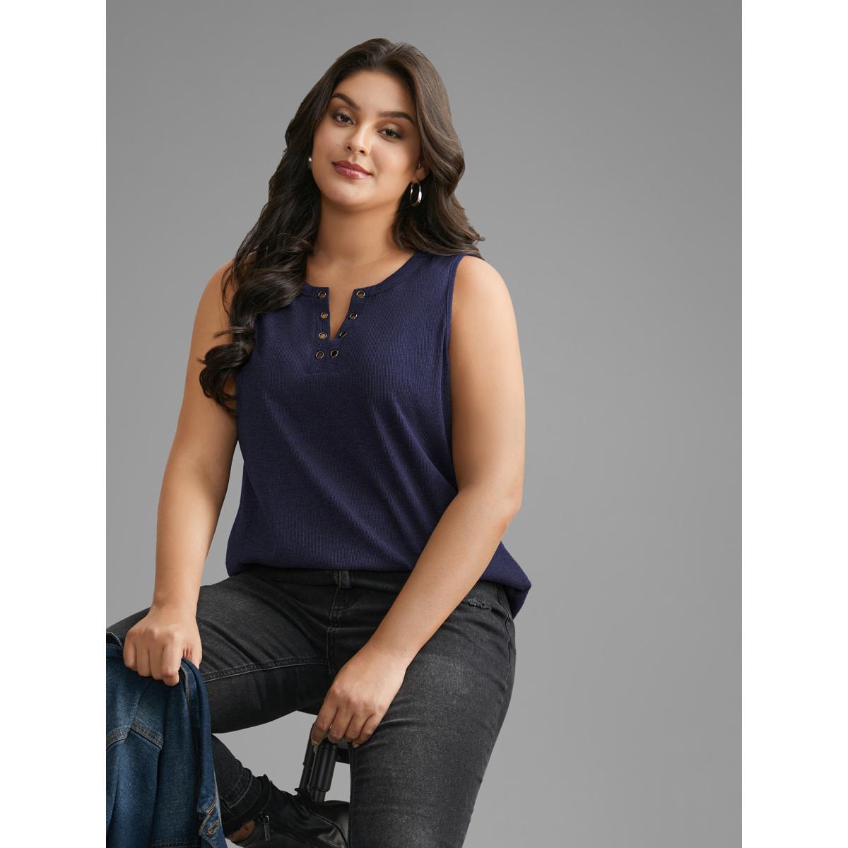 Plus Size Notched Collar Eyelet Tank Top Women Indigo Leisure Eyelet Notched collar Casual Tank Tops Camis BloomChic 14-16/1X Product Image