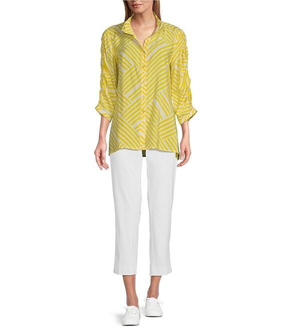Multiples Crinkle Woven Wire Collar 3/4 Shirred Sleeve Hi-Low Hem Button-Front Shirt Product Image
