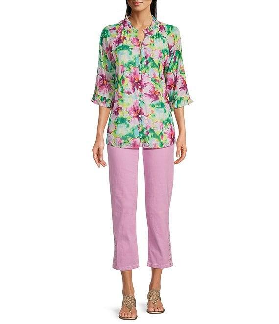 Calessa Summer Floral V-Neck Banded Collar Elbow Sleeve Top Product Image