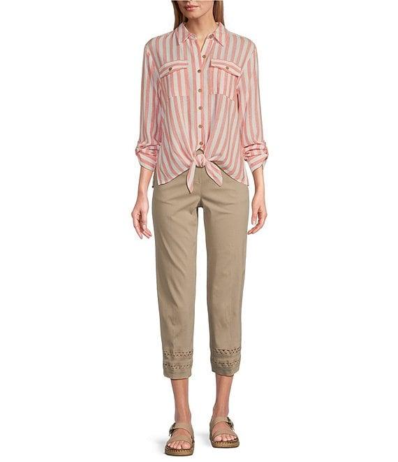 Multiples Petite Size Yarn-Dye Stripe Point Collar Long Roll-Tab Sleeve Button-Front Shirt Product Image