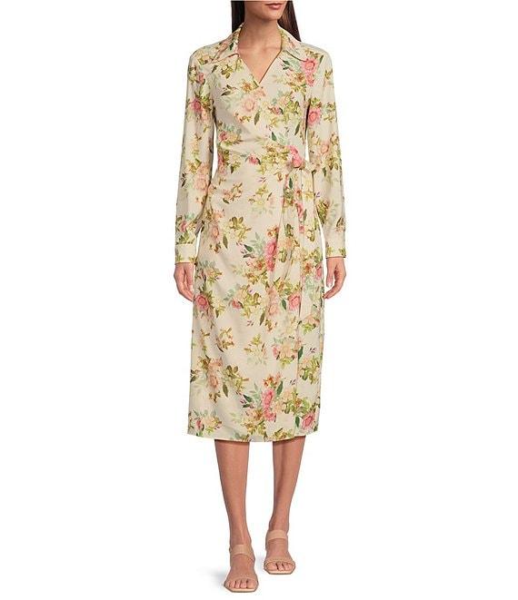 Alex Marie Tonya Long Sleeve Floral Print Notch Collar V-Neck Midi Wrap Dress Product Image