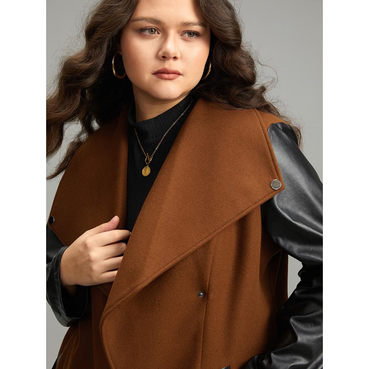 Plus Size Contrast PU Leather Lapel Collar Pocket Button Up Coat Women Tan Casual Contrast Ladies Dailywear Winter Coats BloomChic 26/4X Product Image
