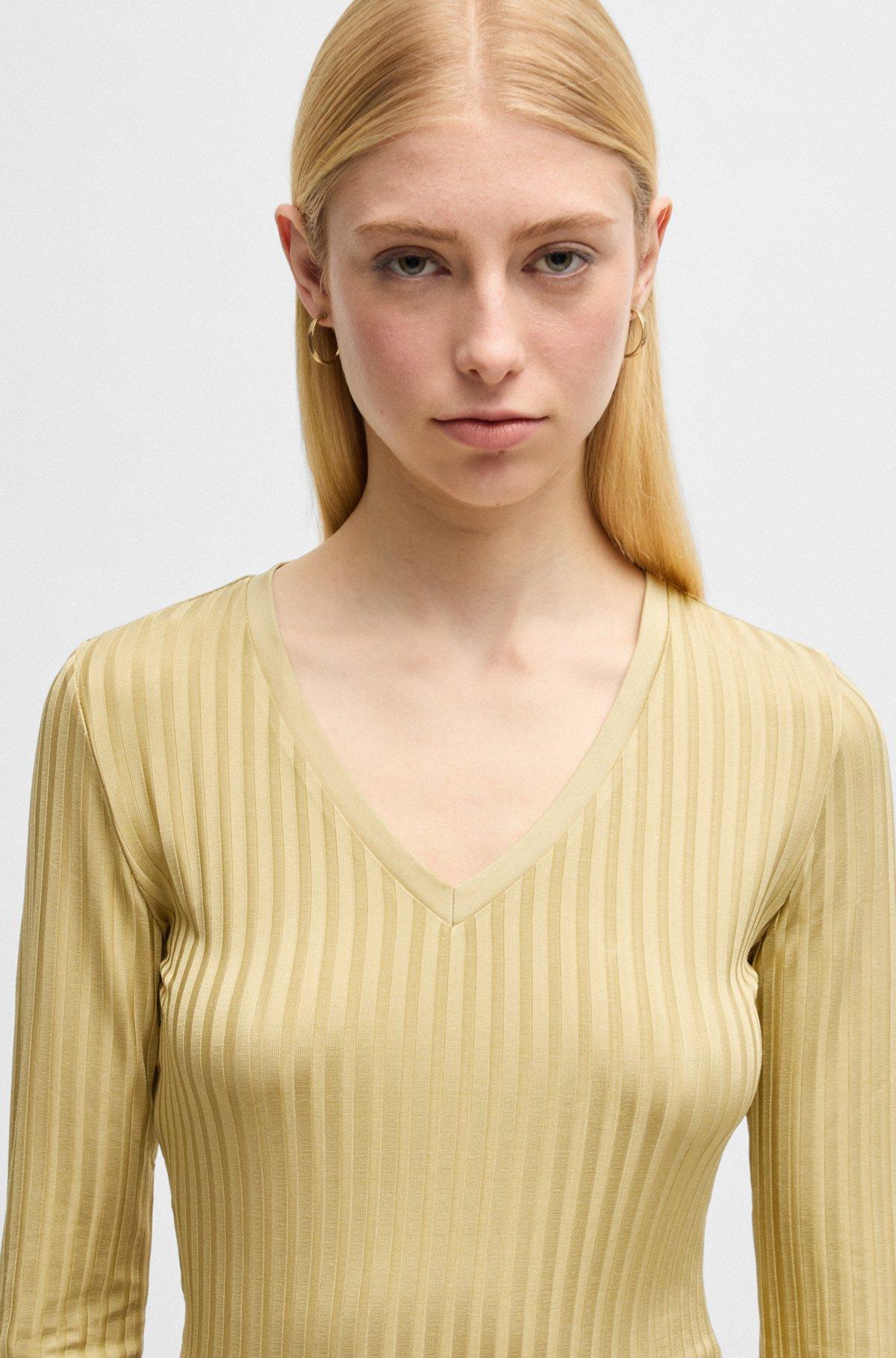 Long-sleeved V-neck top in lustrous ribbed jersey Product Image