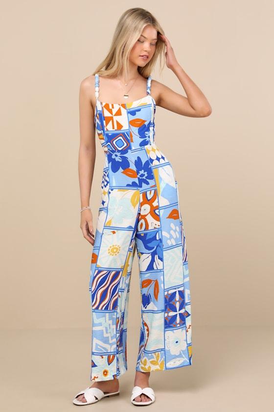 Bold Extravagance Blue Multi Print Sleeveless Wide-Leg Jumpsuit Product Image
