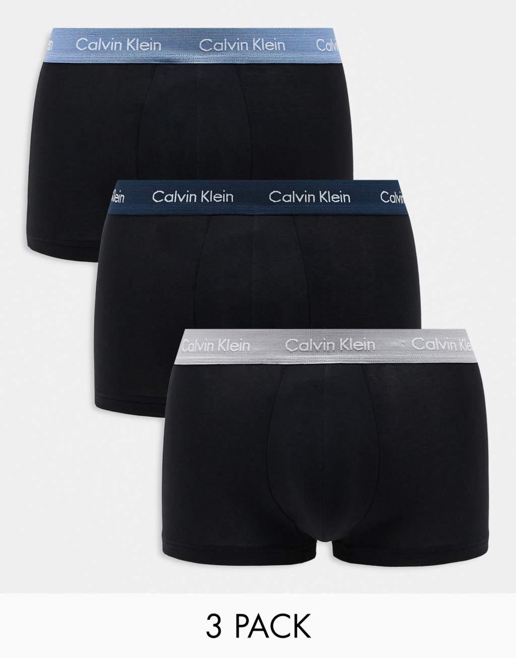 Calvin Klein Cotton Stretch 3 pack low rise trunk with colored waistband in black Product Image