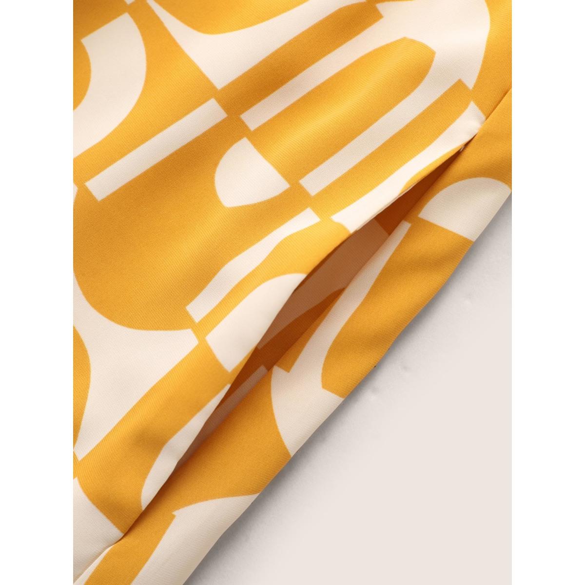 Plus Size Overlap Collar Geometric Belted Midi Dress Lightyellow Women At the Office Belted Overlap Collar Short sleeve Curvy BloomChic 26/4X Product Image