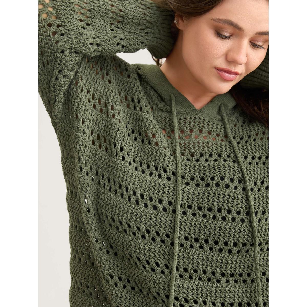 Plus Size Cut-Out Textured Drop Shoulder Pullover Moss Women Leisure Loose Long Sleeve Hooded Casual Pullovers BloomChic 14-16/1X Product Image