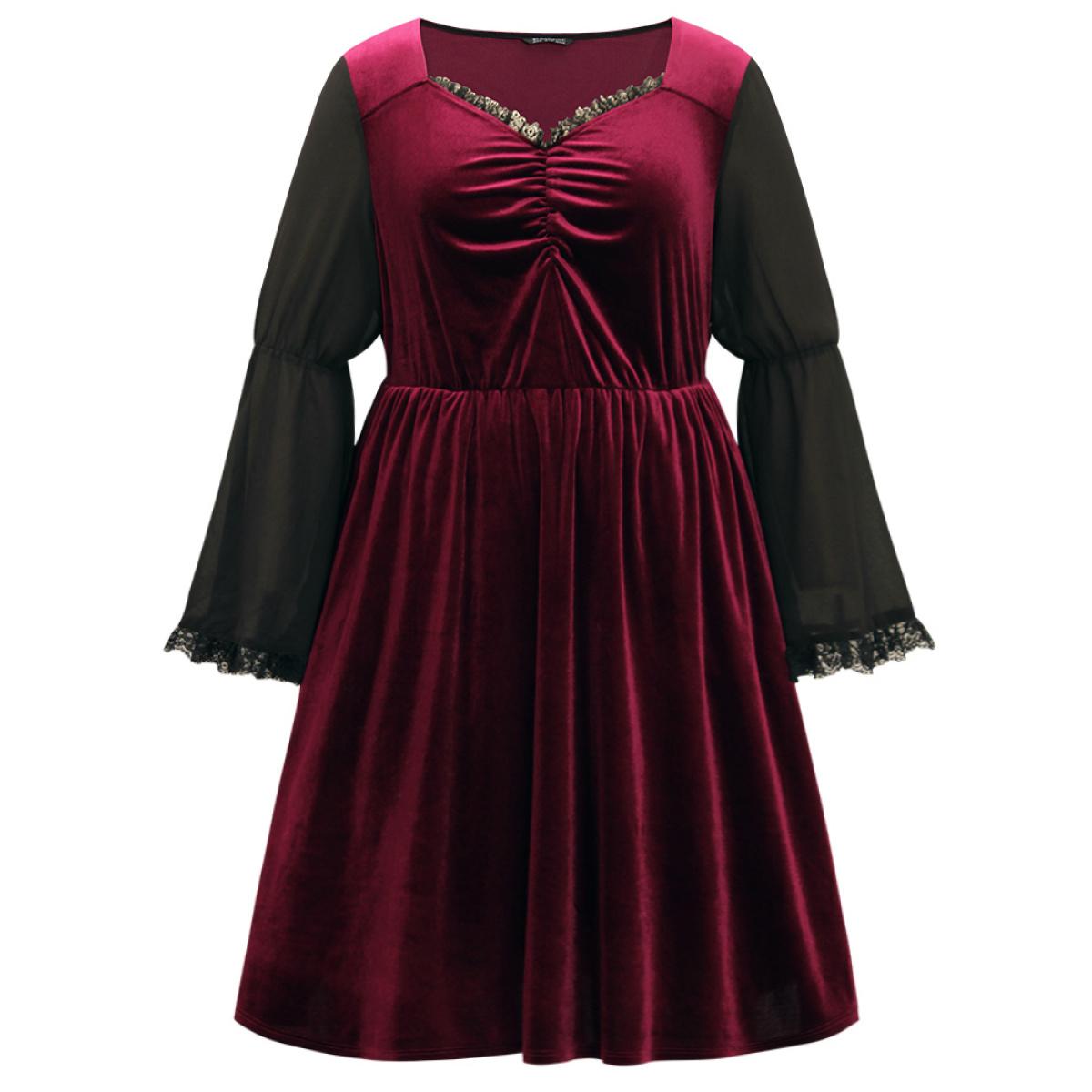 Plus Size Halloween Two Tone Velvet Ruched Lace Panel Bell Sleeve Dress Burgundy Women Elegant Gathered Square Neck Long Sleeve Curvy Midi Dress BloomChic 12/L Product Image
