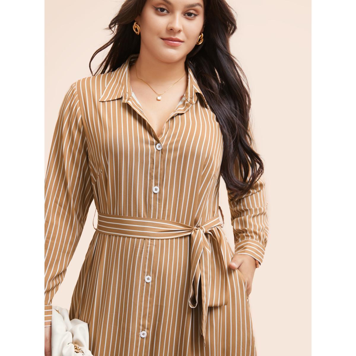 Plus Size Striped Shirt Collar Curved Hem Midi Dress LightBrown Women Workwear Essentials Belted Shirt collar Long Sleeve Curvy BloomChic 28/5X Product Image