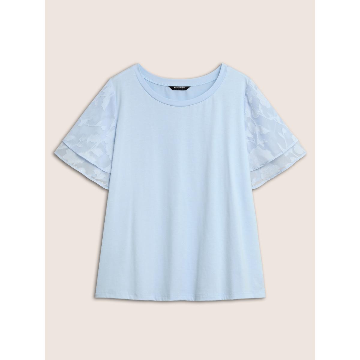 Plus Size Mesh Patchwork Tiered Ruffle Sleeve T-shirt LightBlue Women Elegant Patchwork Round Neck Everyday T-shirts BloomChic 12/L Product Image