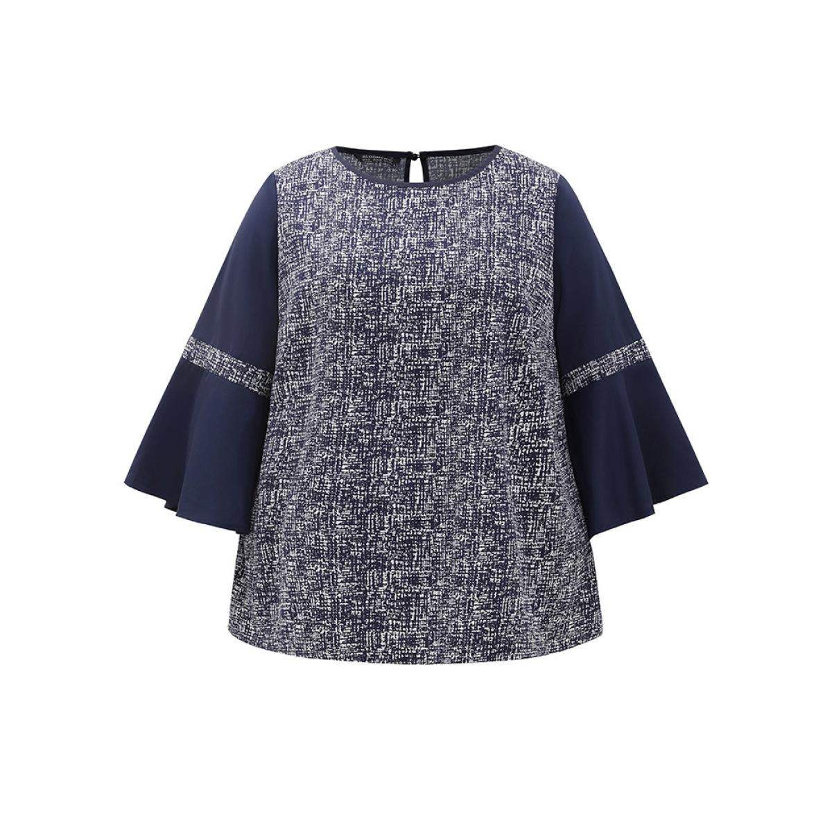 Plus Size DarkBlue Patchwork Crew Neck Ruffle Sleeve Blouse Women Vacation Long Sleeve Round Neck Dailywear Blouses BloomChic 22-24/3X Product Image