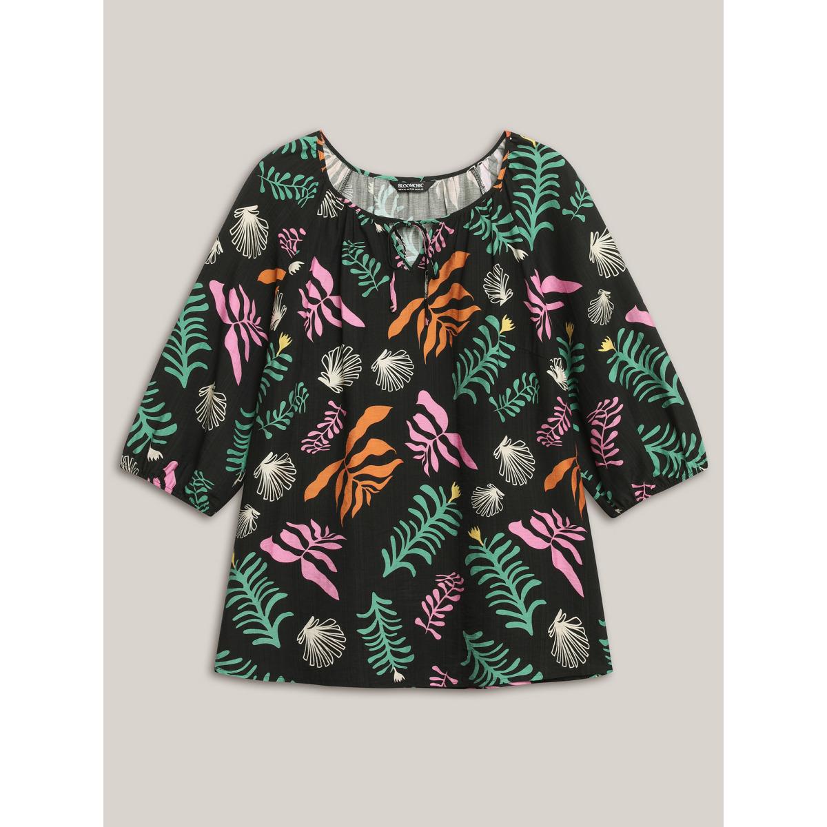 Plus Size Black Multi-Color Leaf Print Tassels Blouse Women Elbow-length sleeve Notched collar Vacation Blouses BloomChic 30/6X Product Image