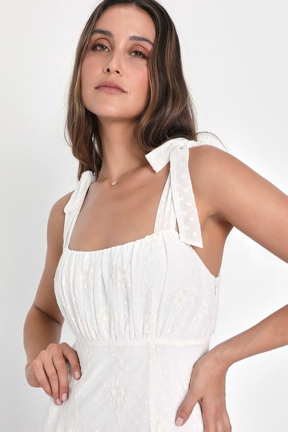 Adorable Approach White Floral Embroidered Tie-Strap Mini Dress Product Image