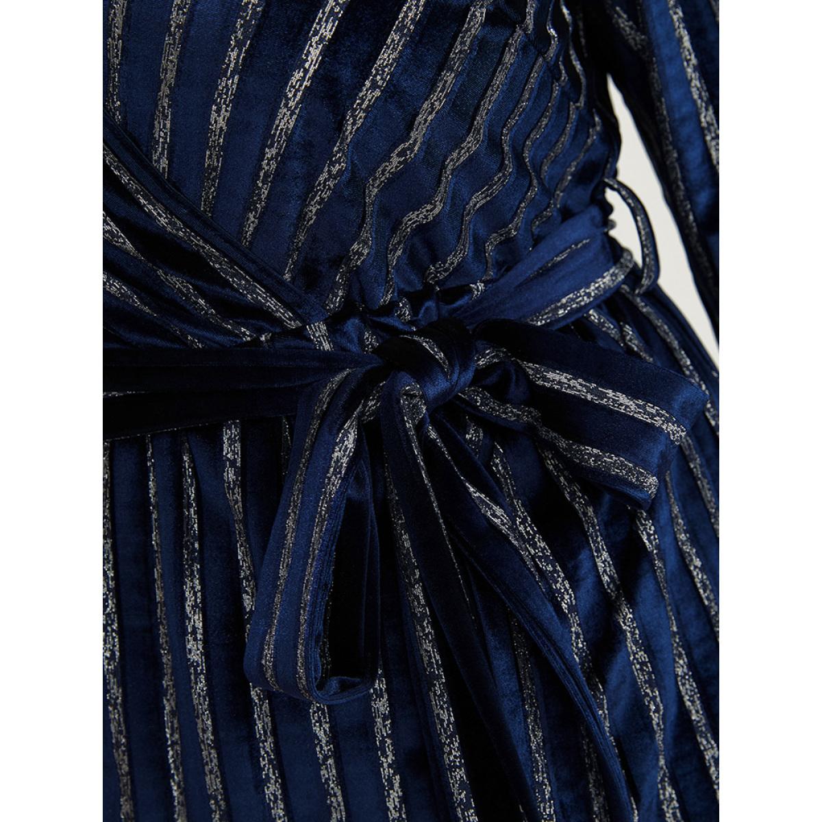 Plus Size Glitter Striped Wrap Belted Velvet Midi Dress Indigo Women Party Velvet V-neck Long Sleeve Curvy Midi Dress BloomChic 14-16/1X Product Image