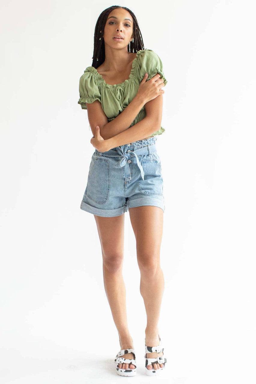 Tie Belt Paper Bag Waist Denim Shorts Product Image